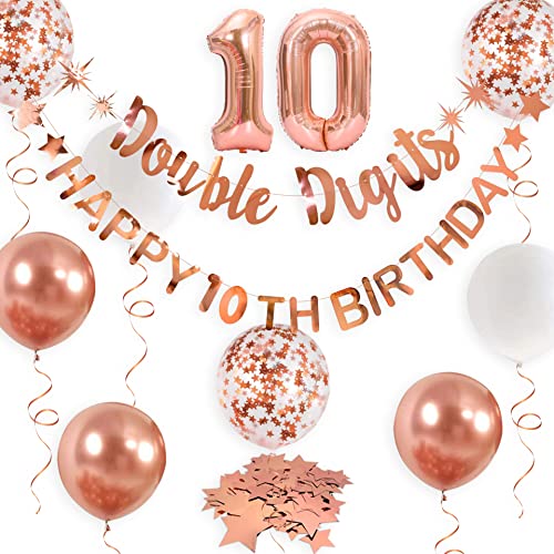 pinkblume Rose Gold Double Digits Happy 10th Birthday Banner Garland Foil Balloon 10 for Girls Boys 10th Birthday Decorations Hanging 10 and Fabulous Cheers to 10 Years Old Ten Birthday Party Supplies Backdrop - Image 1