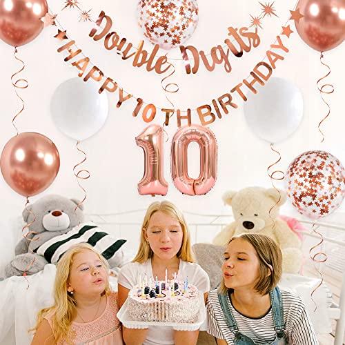 pinkblume Rose Gold Double Digits Happy 10th Birthday Banner Garland Foil Balloon 10 for Girls Boys 10th Birthday Decorations Hanging 10 and Fabulous Cheers to 10 Years Old Ten Birthday Party Supplies Backdrop - Image 4