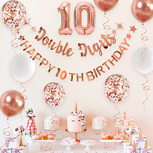 pinkblume Rose Gold Double Digits Happy 10th Birthday Banner Garland Foil Balloon 10 for Girls Boys 10th Birthday Decorations Hanging 10 and Fabulous Cheers to 10 Years Old Ten Birthday Party Supplies Backdrop - Image 5