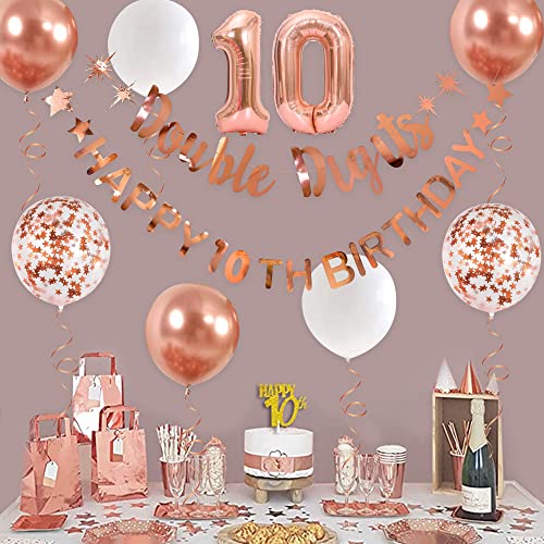 pinkblume Rose Gold Double Digits Happy 10th Birthday Banner Garland Foil Balloon 10 for Girls Boys 10th Birthday Decorations Hanging 10 and Fabulous Cheers to 10 Years Old Ten Birthday Party Supplies Backdrop - Image 3