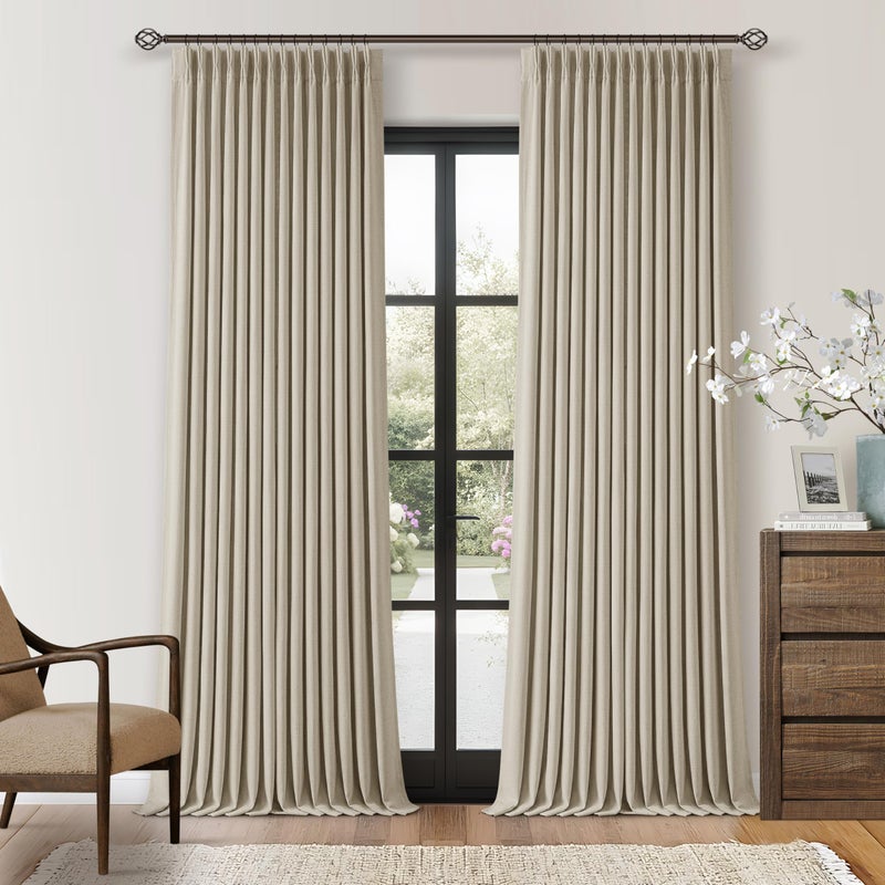 TWODRAPES Linen Pinch Pleated Blackout Curtains 96 Inches Long 2 Panels Set for Dining Living Room Darkening Neutral Memory Shape Pinch Pleat Black Out Thermal Insulated Curtain Drapes with Liner Oatmeal Beige - Image 1