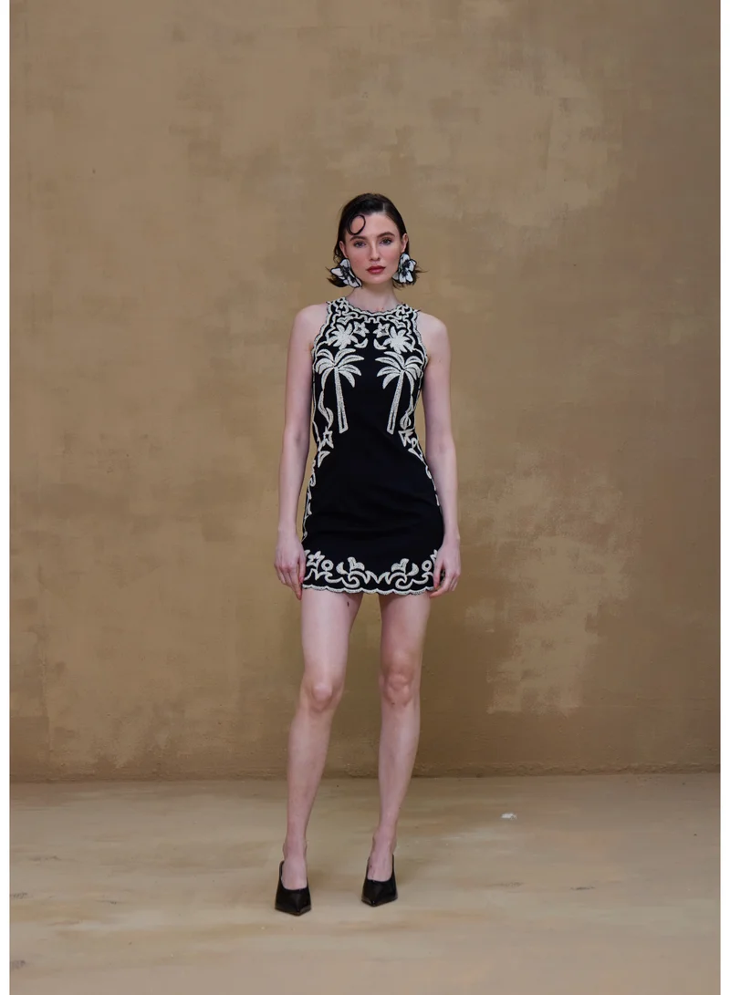 Ashita Fernandes Embroidered Mini Dress – Black with White Nature-Inspired Detailing