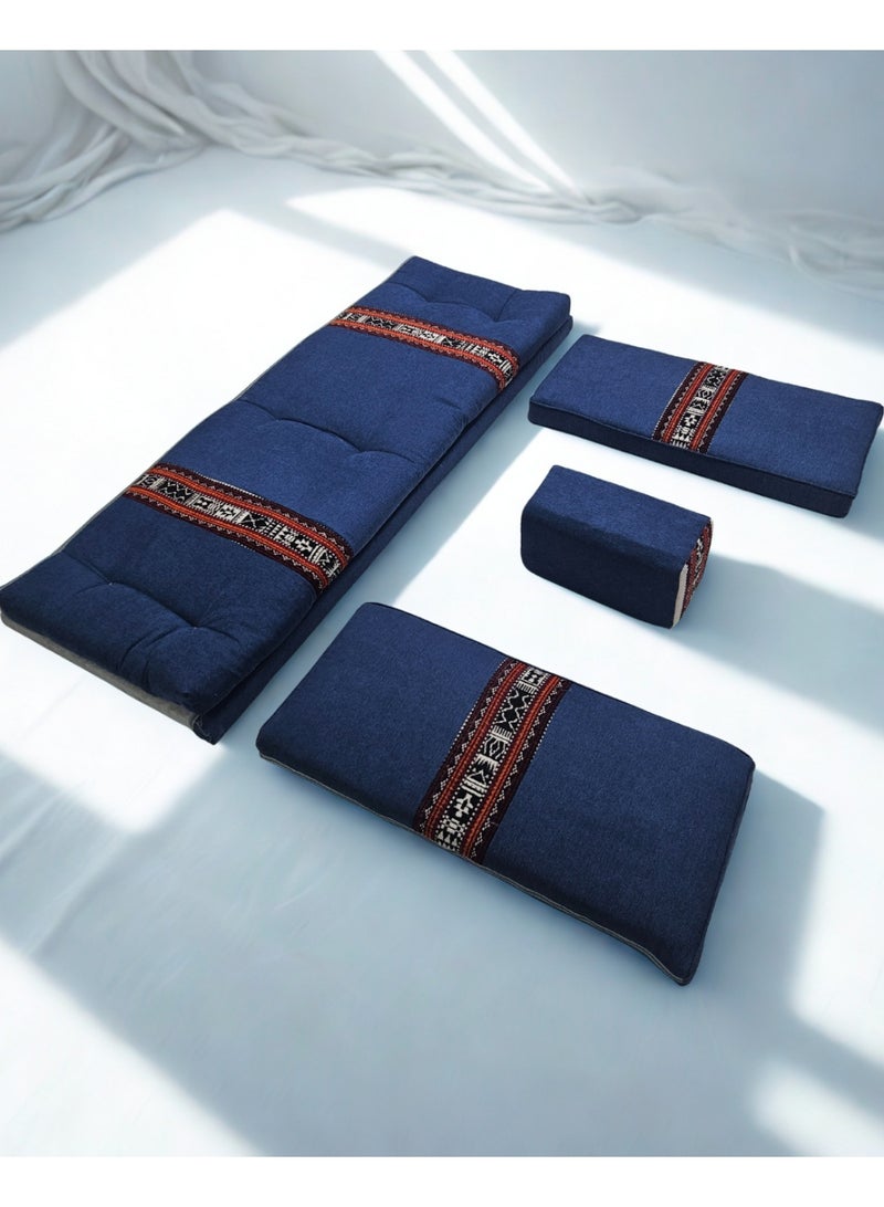سمارت هوم جلسة أرضية تراثية عربية لأربعة أشخاص 4 قطع  بمقاس (طول 70 سم × عرض 200 سم × ارتفاع 60 سم) – مفروشات مجالس عربية مريحة مع مسند وظهر مزخرف – جلسة أرضية للمنزل، الضيوف، المخيمات والرحلات - مجلس يكفي 4 اشخاص - Image 4