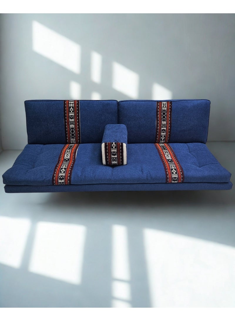 سمارت هوم جلسة أرضية تراثية عربية لأربعة أشخاص 4 قطع  بمقاس (طول 70 سم × عرض 200 سم × ارتفاع 60 سم) – مفروشات مجالس عربية مريحة مع مسند وظهر مزخرف – جلسة أرضية للمنزل، الضيوف، المخيمات والرحلات - مجلس يكفي 4 اشخاص - Image 2