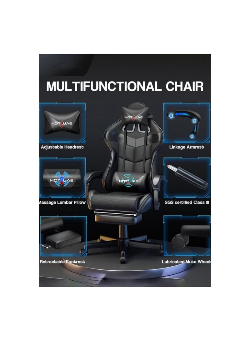 هوتس يو أيه إي كرسي ألعاب رياضي إلكتروني قابل للتعديل، كرسي كمبيوتر مكتبي من جلد البولي يوريثان، دعم قطني عالي الظهر، مسند ذراع مريح للرأس مع مسند للقدمين، دوران 360 درجة، أسود - Image 2