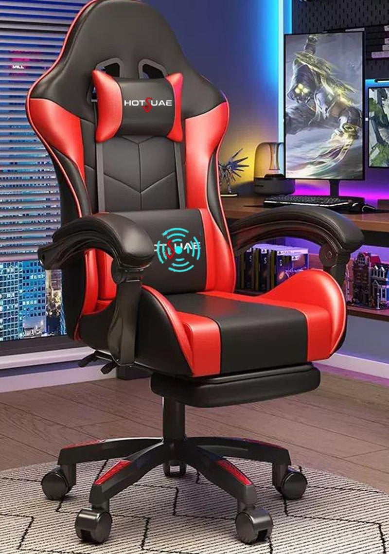 هوتس يو أيه إي كرسي ألعاب رياضي إلكتروني قابل للتعديل، كرسي كمبيوتر مكتبي من جلد البولي يوريثان، دعم قطني عالي الظهر، مسند ذراع مريح للرأس مع مسند للقدمين، دوران 360 درجة، أسود - Image 1