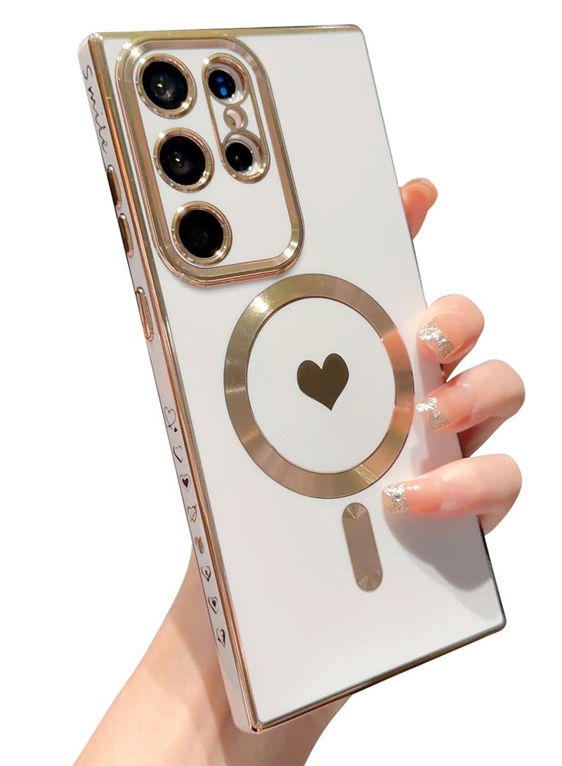 Mmmon Magnetic Phone Case for Samsung Galaxy S23 Ultra Compatible with MagSafe Heart Case for Women Luxury Plating Full Camera Lens Protect Soft Silicone Cover for S23 Ultra(White) - Image 1