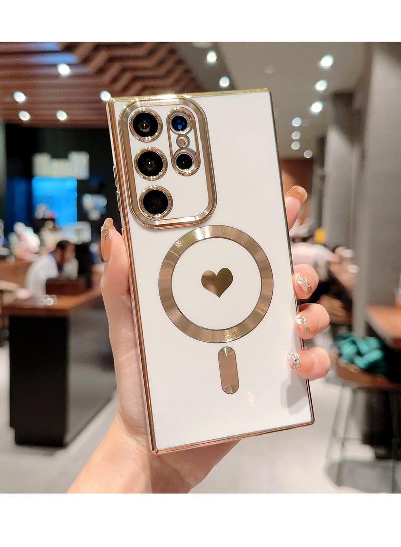 Mmmon Magnetic Phone Case for Samsung Galaxy S23 Ultra Compatible with MagSafe Heart Case for Women Luxury Plating Full Camera Lens Protect Soft Silicone Cover for S23 Ultra(White) - Image 2