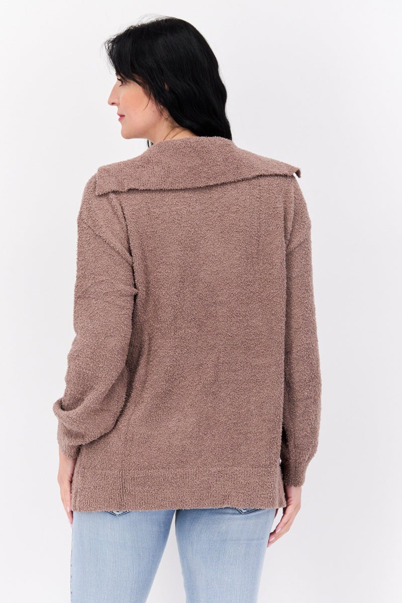 NIA Women V-Neck Maddy Plush Sweater, Taupe - Image 3