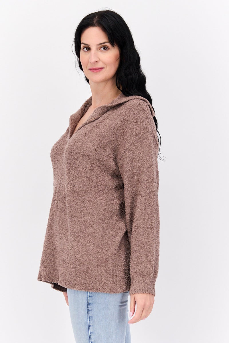 NIA Women V-Neck Maddy Plush Sweater, Taupe - Image 2
