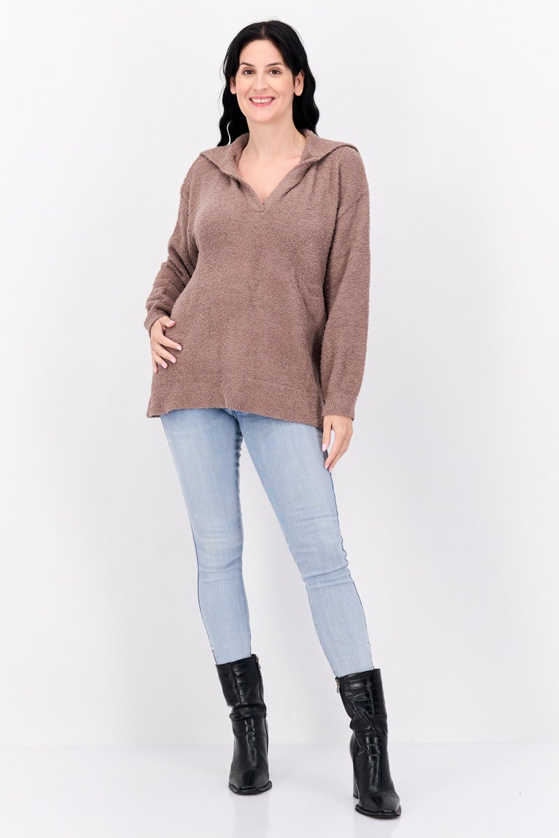 NIA Women V-Neck Maddy Plush Sweater, Taupe - Image 4