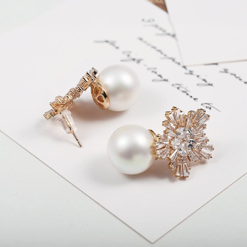 Woerda Fashion Chic Simulated Pearl Studs Snowflake Earrings For Women (Gold) - Image 5