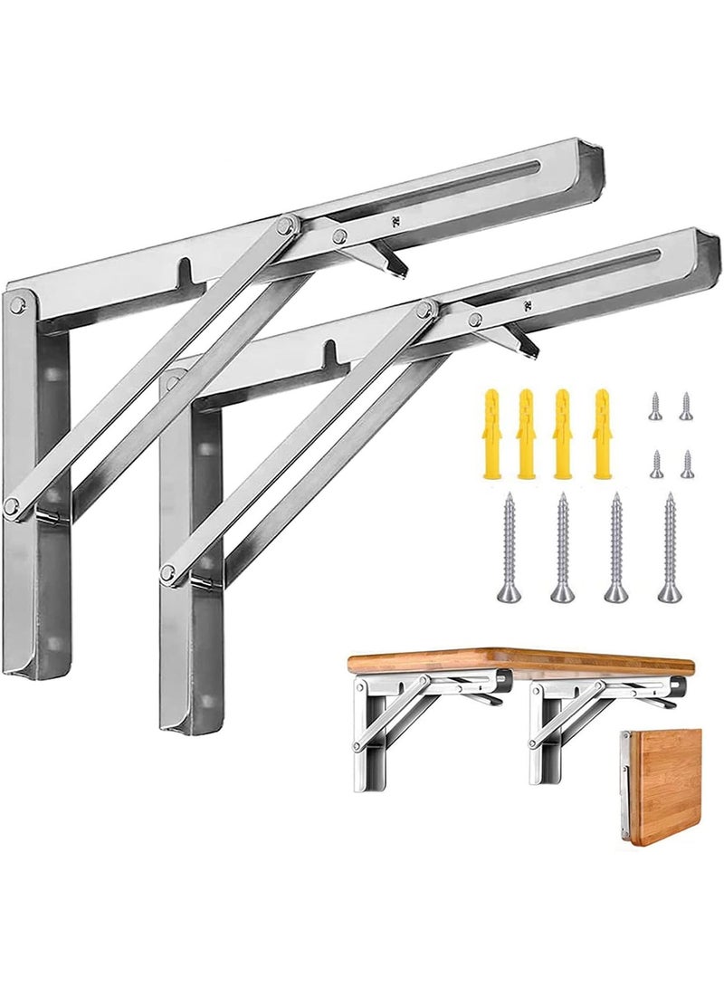 Relex 2 Pcs Folding Heavy Duty Stainless Steel Shelf Brackets with Install Screws, Space Saving Collapsible Support Bracket, Wall Mounted Triangle Brackets for Table Work Bench, 1 Pair, 8 inches - Image 1