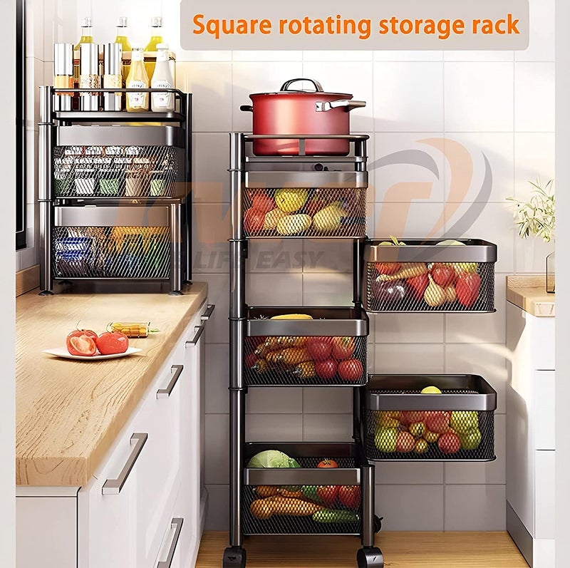 KWER Metal Kitchen Trolley Square Onion Baskets for StorageKitchen Accessories ItemsVegetable Basket for Kitchen Organizer ItemsStorage Portable Kitchen Accessories with WheelsBlackLayer2 - Image 4