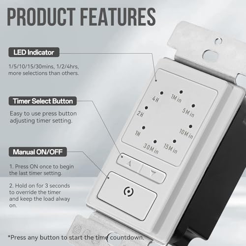 ECOELER 4Hrs Countdown Timer Switch, 1-5-10-20-30-60 Min, 2-4 Hour, Wall Timer Switch with Constant On Mode for Bathroom Fans and Lights, Neutral Wire Required, ETL&FCC Listed, White - Image 2
