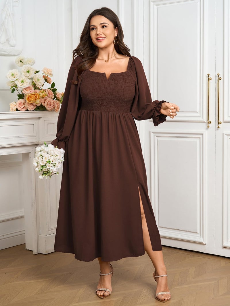 SCOMCHIC Womens Plus Size Maxi Dress Long Sleeve Square Neck Smocked Wedding Guest Flowy Split Fall Dresses with Pockets Brown - Image 4