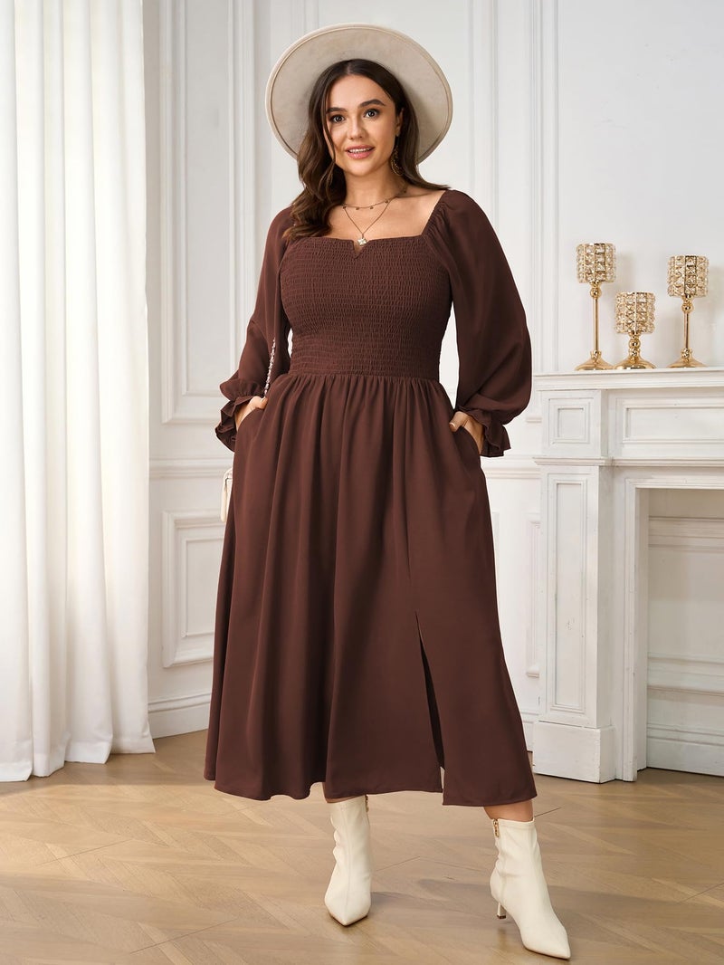SCOMCHIC Womens Plus Size Maxi Dress Long Sleeve Square Neck Smocked Wedding Guest Flowy Split Fall Dresses with Pockets Brown - Image 5
