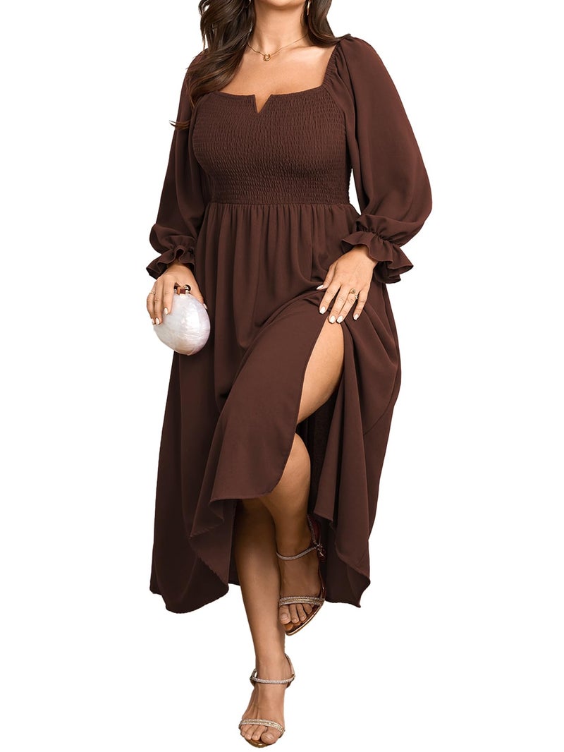 SCOMCHIC Womens Plus Size Maxi Dress Long Sleeve Square Neck Smocked Wedding Guest Flowy Split Fall Dresses with Pockets Brown - Image 1