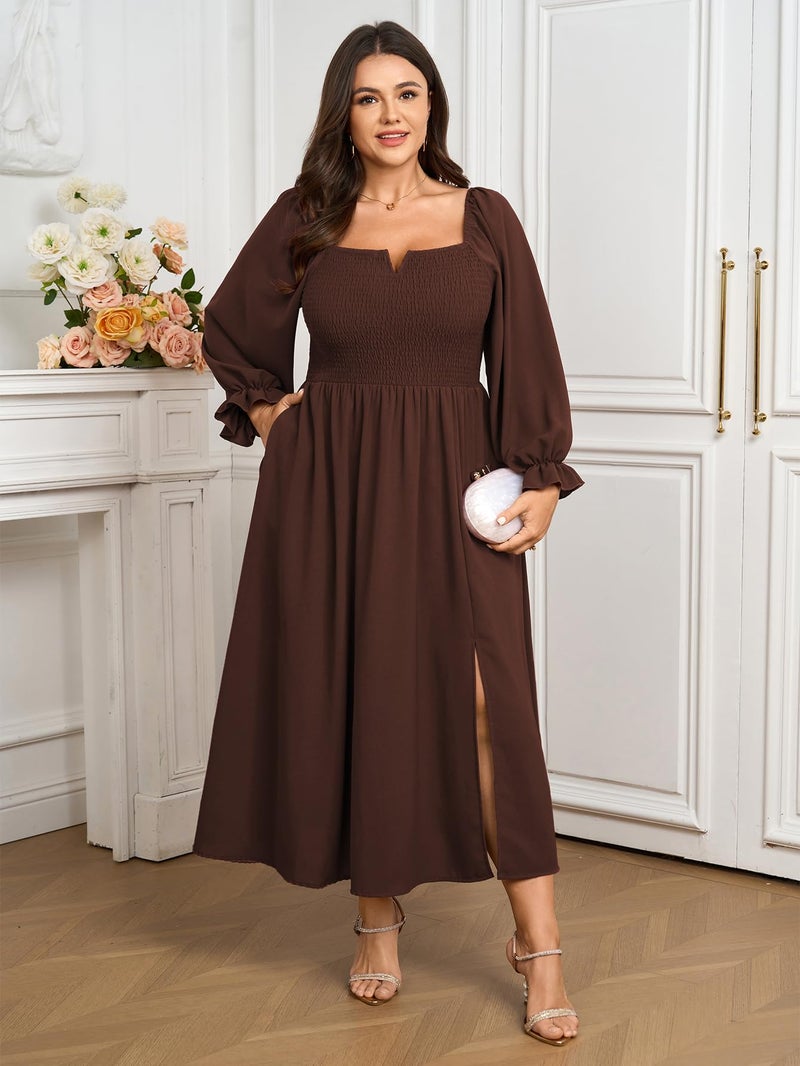SCOMCHIC Womens Plus Size Maxi Dress Long Sleeve Square Neck Smocked Wedding Guest Flowy Split Fall Dresses with Pockets Brown - Image 2