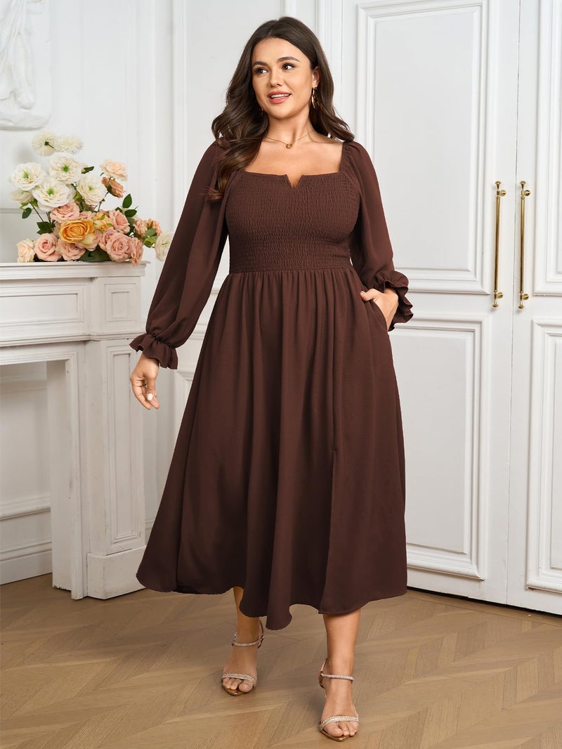 SCOMCHIC Womens Plus Size Maxi Dress Long Sleeve Square Neck Smocked Wedding Guest Flowy Split Fall Dresses with Pockets Brown - Image 3
