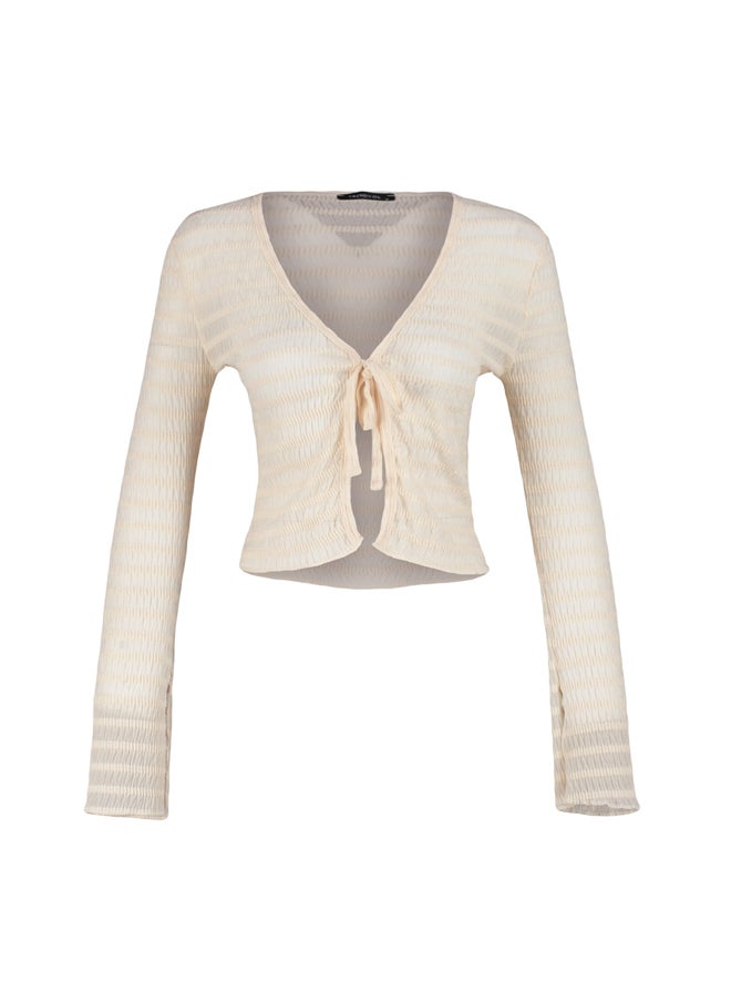 trendyol - Ecru Premium Tie Detailed Textured V-Neck Stretchy Knitted Blouse TWOSS23BZ00796 - Image 1