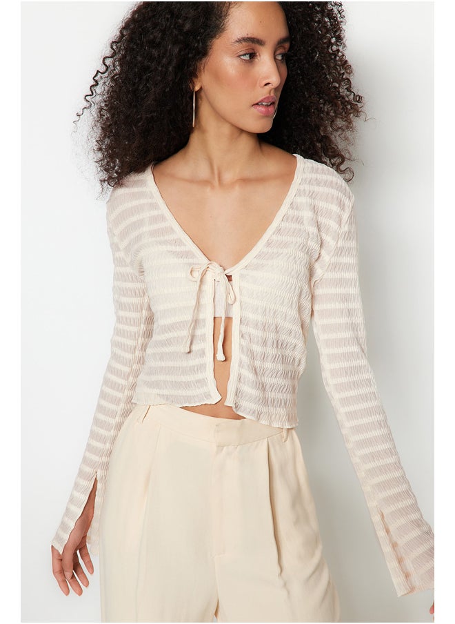 trendyol - Ecru Premium Tie Detailed Textured V-Neck Stretchy Knitted Blouse TWOSS23BZ00796 - Image 1