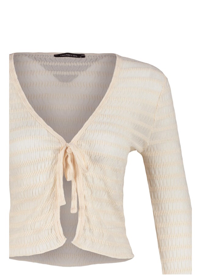 trendyol - Ecru Premium Tie Detailed Textured V-Neck Stretchy Knitted Blouse TWOSS23BZ00796 - Image 1