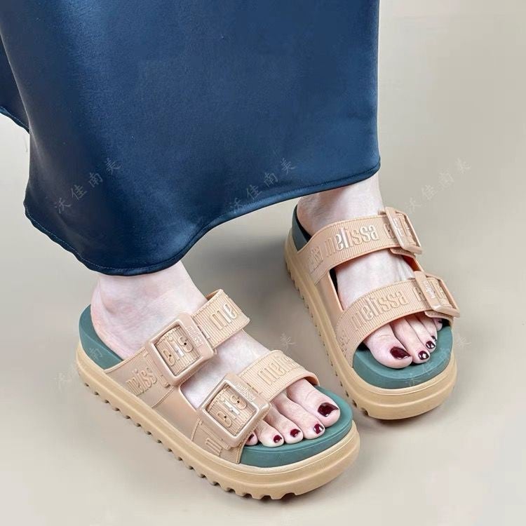 Summer Melissa Women'S Shoes Platform Sandals Slides Double Buckle Jelly Shoes Casual Sandals - Image 4