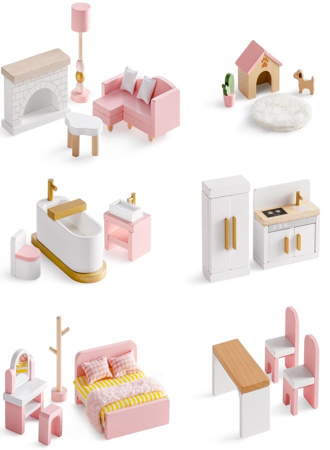 روبوتايم مجموعة أثاث بيت الدمى الخشبي من روبوتايم، 28 قطعة من أثاث بيت الدمى المصغر مع 6 مجموعات غرف، إكسسوارات بيت الدمى وأثاث للعب التخيلي، هدية للأولاد والبنات من عمر 3 سنوات فما فوق - Image 1