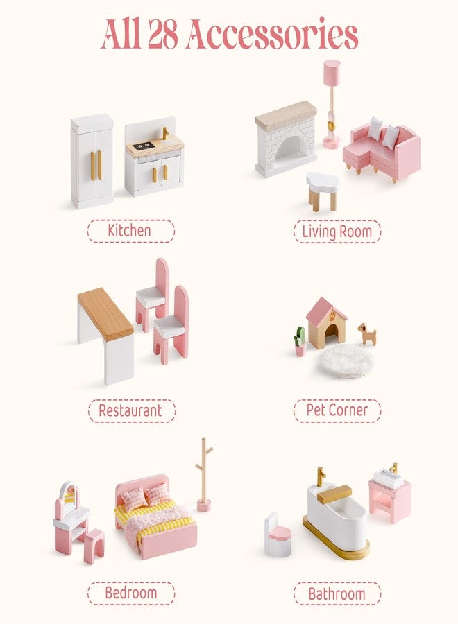روبوتايم مجموعة أثاث بيت الدمى الخشبي من روبوتايم، 28 قطعة من أثاث بيت الدمى المصغر مع 6 مجموعات غرف، إكسسوارات بيت الدمى وأثاث للعب التخيلي، هدية للأولاد والبنات من عمر 3 سنوات فما فوق - Image 5