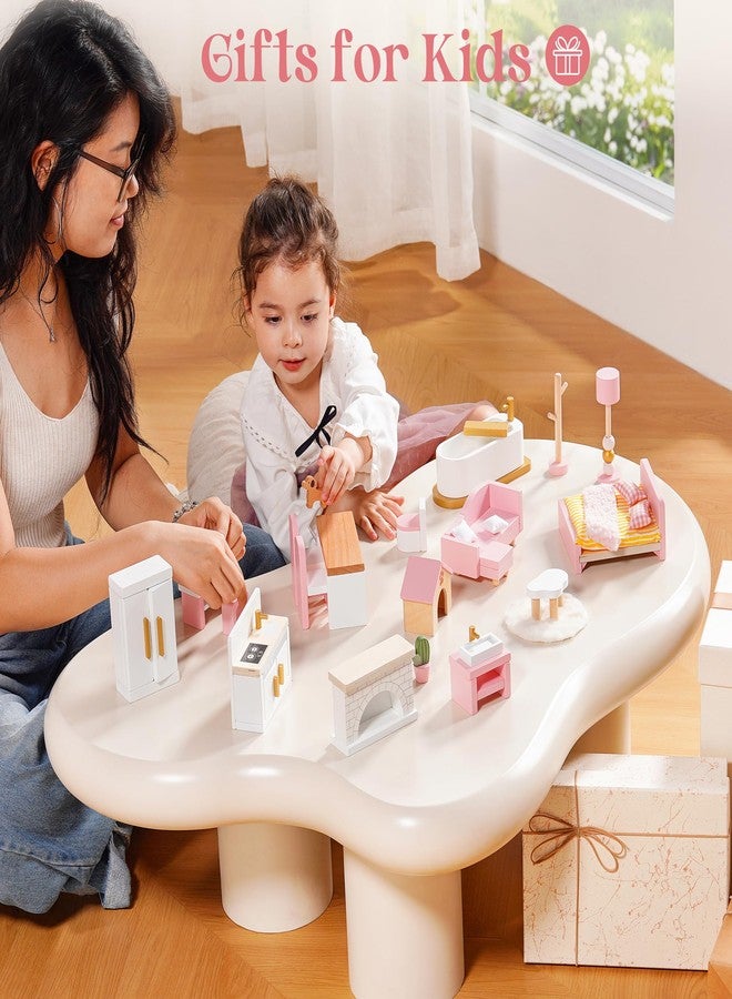 روبوتايم مجموعة أثاث بيت الدمى الخشبي من روبوتايم، 28 قطعة من أثاث بيت الدمى المصغر مع 6 مجموعات غرف، إكسسوارات بيت الدمى وأثاث للعب التخيلي، هدية للأولاد والبنات من عمر 3 سنوات فما فوق - Image 4