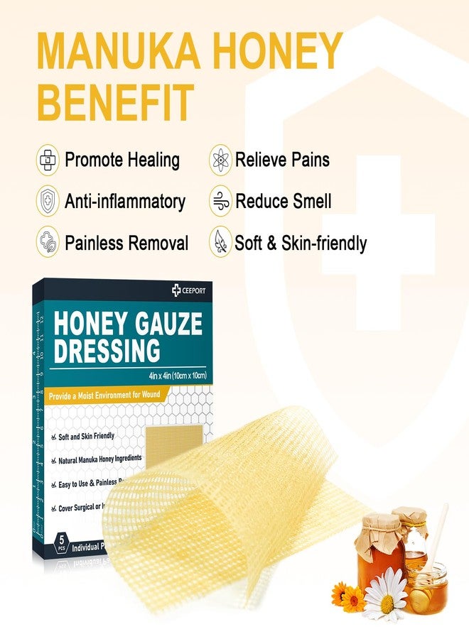 Ceeport Honey Gauze Wound Dressing, 4" x 4" Manuka Honey Wound Care, Medical Grade Honey Bandages for Wound Care, Honey Patch for Burns, Abrasions, Cuts and Scalds (Pack of 5 - Image 3