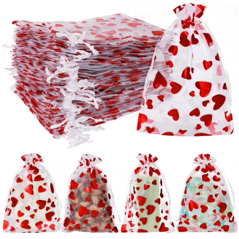Tapleap Valentines Goodie Bags for Kids Classroom, Small Organza Mesh Drawstring Bags for Packaging Candy, For Wedding, Birthday, Bridal Showers, 50Pcs 4x6in(10x15cm) - Image 1