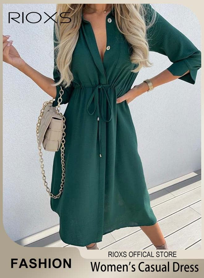 RIOXS Women's Button Down Midi Dress, Summer Casual T-shirt Dress, Stylish Loose Dress with Drawstring Design and 3/4 Sleeves, Perfect for Daily Wear, Work Office, Dating, Beach, and Parties  - Image 1
