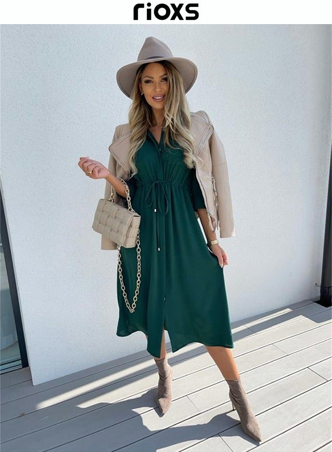 RIOXS Women's Button Down Midi Dress, Summer Casual T-shirt Dress, Stylish Loose Dress with Drawstring Design and 3/4 Sleeves, Perfect for Daily Wear, Work Office, Dating, Beach, and Parties  - Image 3