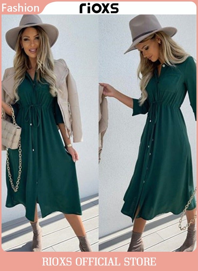 RIOXS Women's Button Down Midi Dress, Summer Casual T-shirt Dress, Stylish Loose Dress with Drawstring Design and 3/4 Sleeves, Perfect for Daily Wear, Work Office, Dating, Beach, and Parties  - Image 2