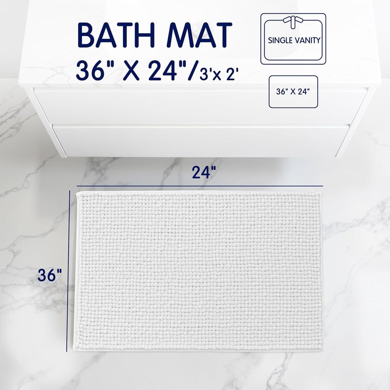 subrtex Bathroom Rugs, 24" x 36" Chenille Bath Rug Soft Short Plush Bath Mat Soft Shower Mat Water Absorbent Shower Mat Quick Dry Machine Washable, White - Image 3