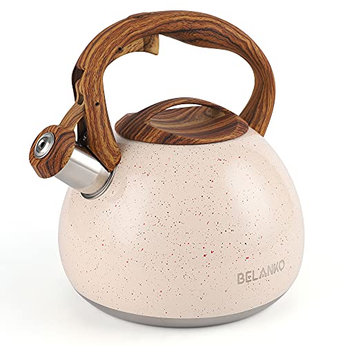 BELANKO 2.7 Quart Tea Kettle for Stovetops - Food Grade Stainless Steel Teapot with Loud Whistle, Cool-Touch Wood Pattern Handle, Rust-Resistant Whistling Kettle - Starry Cream - Image 1