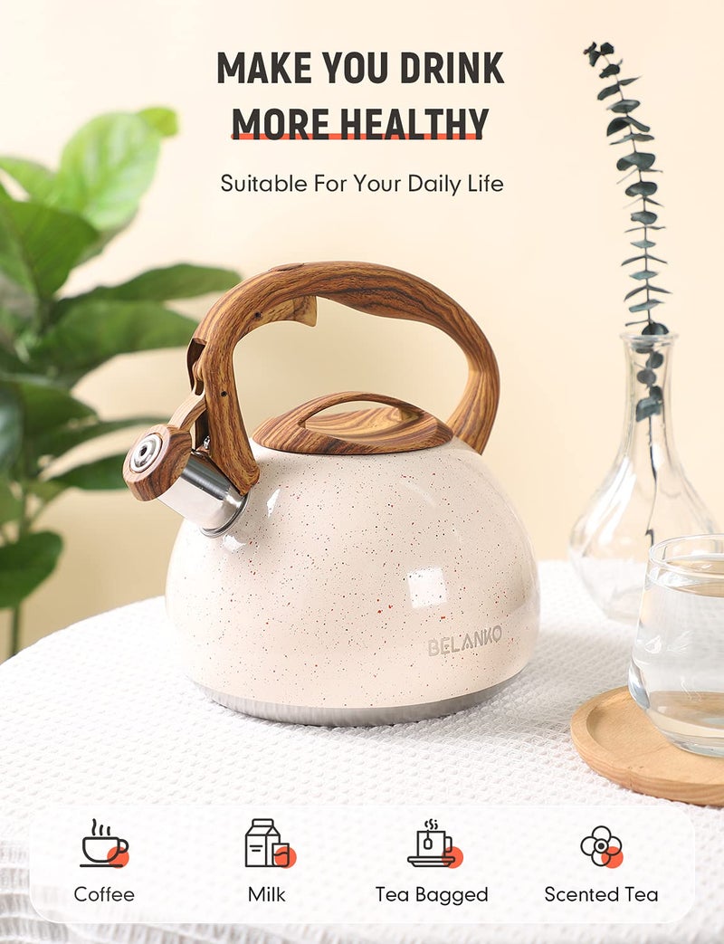BELANKO 2.7 Quart Tea Kettle for Stovetops - Food Grade Stainless Steel Teapot with Loud Whistle, Cool-Touch Wood Pattern Handle, Rust-Resistant Whistling Kettle - Starry Cream - Image 2