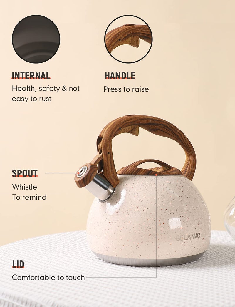 BELANKO 2.7 Quart Tea Kettle for Stovetops - Food Grade Stainless Steel Teapot with Loud Whistle, Cool-Touch Wood Pattern Handle, Rust-Resistant Whistling Kettle - Starry Cream - Image 4