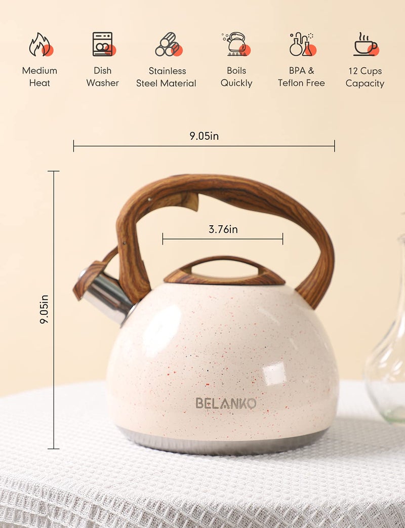 BELANKO 2.7 Quart Tea Kettle for Stovetops - Food Grade Stainless Steel Teapot with Loud Whistle, Cool-Touch Wood Pattern Handle, Rust-Resistant Whistling Kettle - Starry Cream - Image 5
