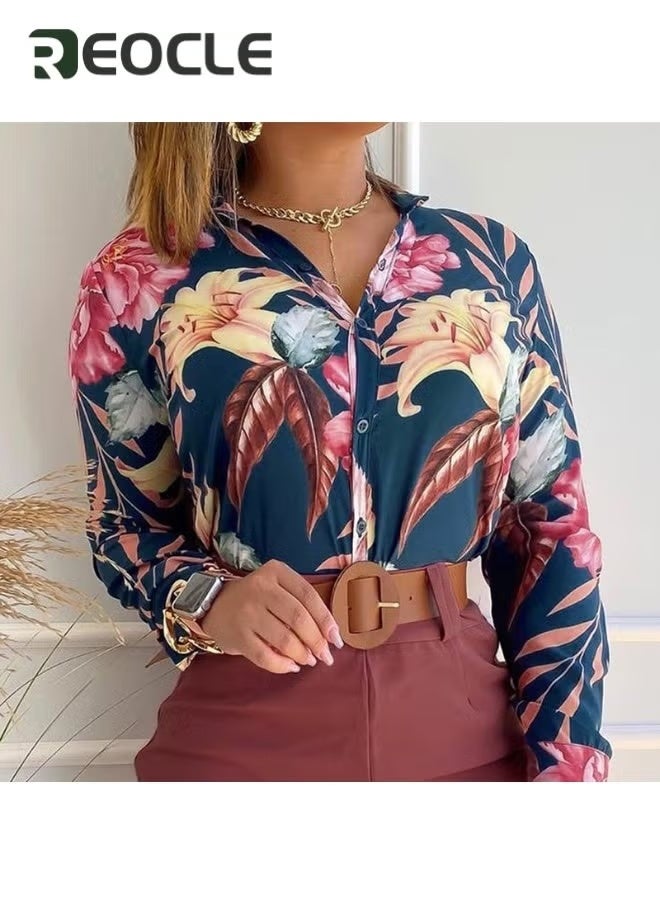 ريوكل قمصان نسائية، بلوزات أنيقة، قمصان كاجوال بأكمام طويلة، بلوزات بطبعات الأزهار، ياقة فضفاضة، بلوزة خفيفة الوزن - Image 3