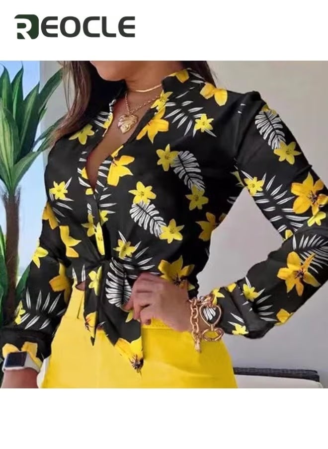 ريوكل قمصان نسائية، بلوزات أنيقة، قمصان كاجوال بأكمام طويلة، بلوزات بطبعات الأزهار، ياقة فضفاضة، بلوزة خفيفة الوزن - Image 1