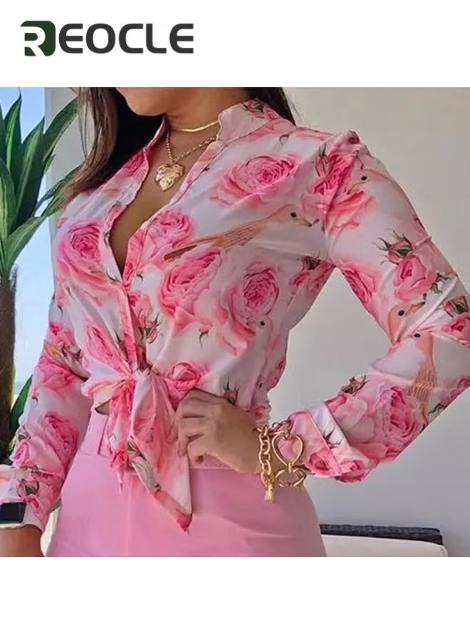 ريوكل قمصان نسائية، بلوزات أنيقة، قمصان كاجوال بأكمام طويلة، بلوزات بطبعات الأزهار، ياقة فضفاضة، بلوزة خفيفة الوزن - Image 2