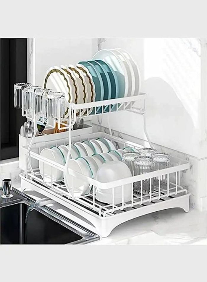 Cool Baby COOLBABY Dish Drying Rack 2 Tier Dish Rack and Drainboard Set Large Capacity Dish Drainer Organizer Shelf with Utensil Holder Cup Rack for Kitchen Counter  White - Image 1