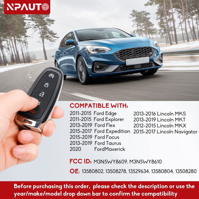 NPAUTO Car Key Fob Replacement Fits for Ford Explorer Edge 2011-2015 Taurus Flex 2013-2019 Focus Expedition Lincoln MKX MKT MKS Navigator Keyless Entry Remote Start Control Smart Key Fobs, 2Pcs, M3N5WY8609 - Image 2
