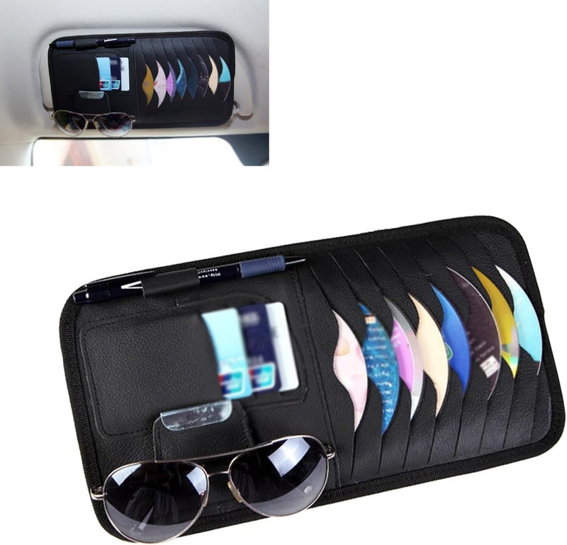 Flygun 1 PC Car Sun Visor CD Storage Bag, Multi-pocket Leather Layered Organizer, Multi-functional Storage Folder for CDs Sunglasses Cards Pens, Universal Interior Accessories for Cars (Black) - Image 1