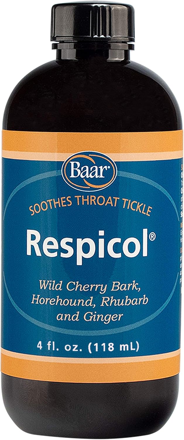 Baar Respicol Herbal Syrup, 4 Ounces. Soothes Sore Throat, Calms Coughing, Eases Respiratory Distress. A Must for Cold, Allergy and Flu Seasons. for Respiratory and Bronchial Wellness.