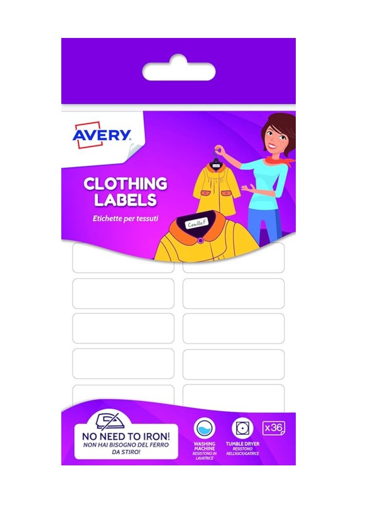 Avery Clothing Labels, name labels, stick on school labels, no ironing or sewing, 45 x 13 mm, 36 Labels Per Pack, White - Image 1