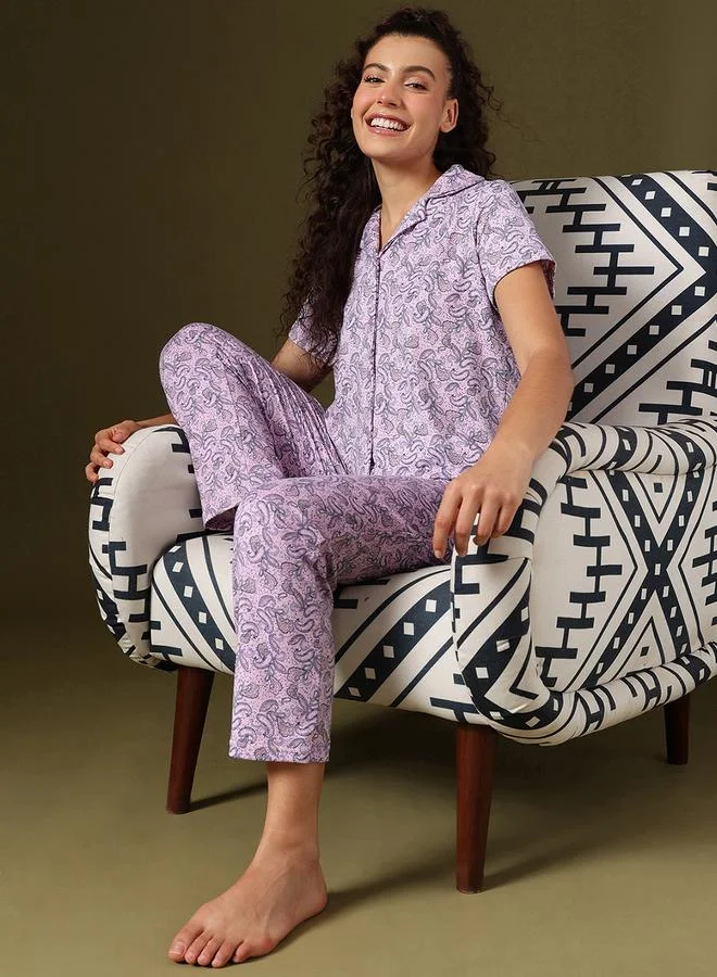 Clovia Paisley Print Shirt and Pyjama Set